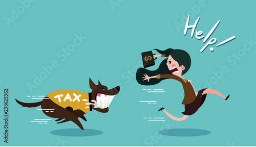 Cuadros en Lienzo Business woman carrying dollar and run away the dog in shirt tax, vector cartoon