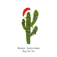 Cactus With Colorful Light Bulb And Santa Claus Hat. Merry Christmas And Happy New Year Greeting Card