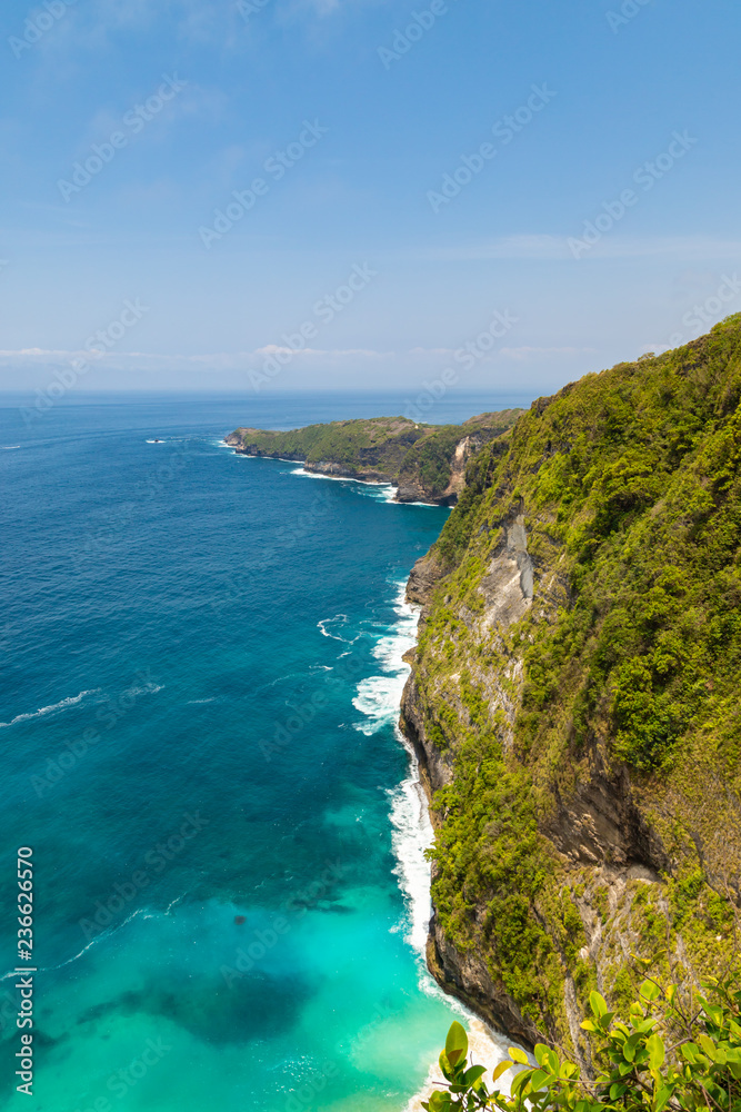 Top view of Karang Dawa bay, Kelingking beach. Nusa Penida Island, Indonesia. - obrazy, fototapety, plakaty 