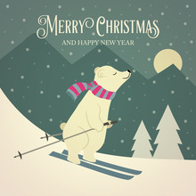 Beautiful Retro Christmas Card With Polar Bear