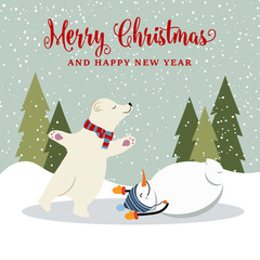 Wall Mural - Cute retro flat design Christmas card with snowman and polar bear