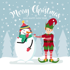 Wall Mural - Christmas card with cute elf and snowman.