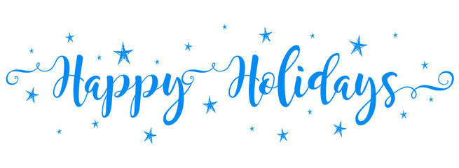 Wall Mural - Happy Holidays vector brush calligraphy banner with stars snowflakes blue color