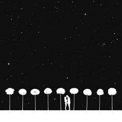 Sticker - lovers between trees in park at night. vector illustration with silhouette of loving couple under st