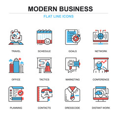 Flat line business and development icons concepts set for website and mobile site and apps. Marketing tactics, planning working goals. Thin line color simple pictogram pack. Vector illustration.