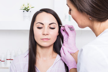 Sticker - Beautician plucks a young woman's eyebrows with tweezers