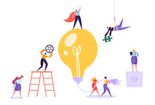 Creative Idea Brainstorming Concept. Business Characters Working Together With Big Light Bulb. Searching For Solutions, Innovation. Vector Illustration