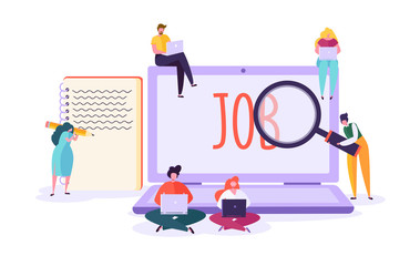 Wall Mural - Job search candidate concept. Characters using laptop searching for job. Recruitment agency hiring technology, human resources. Vector illustration