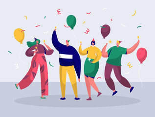 Wall Mural - Group of joyful people celebrating New Year or Birthday party. Man and woman characters in hats having fun and having toast with confetti and balloons. Vector illustration