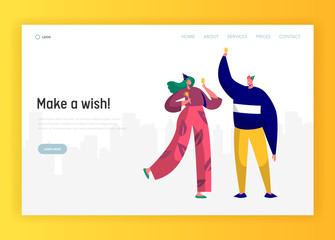 Wall Mural - Corporate party landing page template. Happy people characters celebrating in hats and having toast for website or web page. Easy edit. Vector illustration