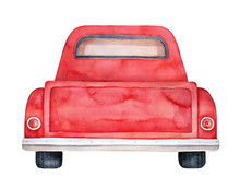 Back View Of Red Retro Pickup. Creative Background For Any Text Message, Invitation, Greeting Card, Poster, Personalized Print. Hand Painted Water Color Illustration, Isolated Element For Design.