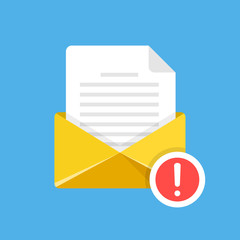 Poster - Envelope with document and exclamation point. E-mail, notification, suspicious email, warning, fraud alert concepts. Modern flat design. Vector illustration