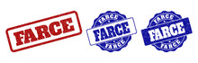 FARCE Grunge Stamp Seals In Red And Blue Colors. Vector FARCE Marks With Grunge Texture. Graphic Elements Are Rounded Rectangles, Rosettes, Circles And Text Titles.