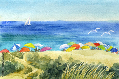 Fotografia Watercolor sketch. Sunshades on the sandy beach
