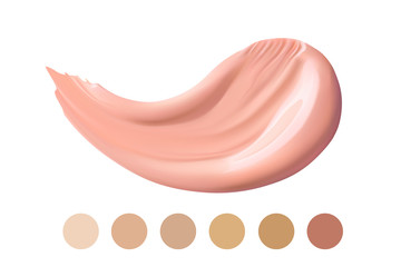 Cosmetic smear stroke. Liquid foundation smudge . Make up smear isolated on white background. Makeup concealer paint. 3d vector tone promo for different skin color types.