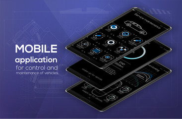 Poster - Mobile app cars infographic template with modern design weekly and annual statistics graphs. Pie charts, workflow, web design, UI elements. Vector EPS 10