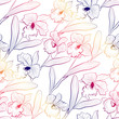 Seamless orchid flowers cattleya sketched pattern white