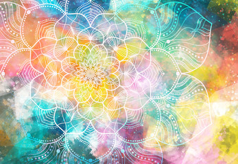 Wall Mural - Abstract ancient geometric with star field and colorful galaxy background, watercolor digital art painting and mandala graphic design