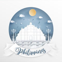 Fototapete - World famous landmark of Philippines with white frame and label. Travel postcard and poster, brochure, advertising Vector illustration.