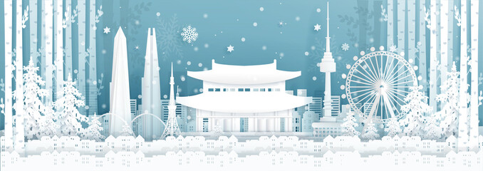 Fototapete - Panorama postcard and travel poster of world famous landmarks of Seoul, South Korea in winter season in paper cut style vector illustration