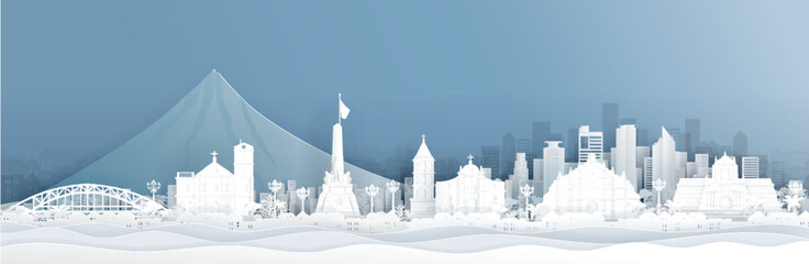 Wall Mural - panorama of philippines with world famous landmarks in paper cut style vector illustration
