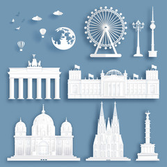 Fototapete - Collection of Germany famous landmarks in paper cut style vector illustration.