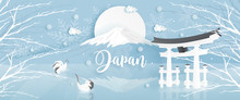 Panorama Of Travel Postcard, Poster, Tour Advertising Of World Famous Landmarks Of Japan With Fuji Mountain ,Tori Gate And Red-crowned Crane In Winter Season In Paper Cut Style. Vector Illustration.