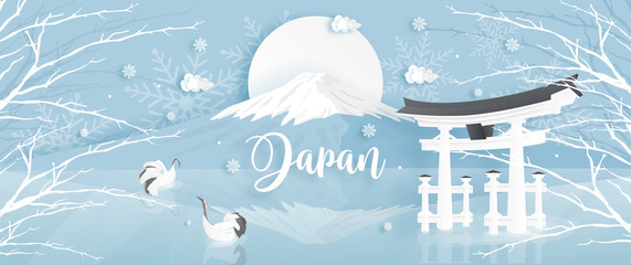 Fototapete - Panorama of travel postcard, poster, tour advertising of world famous landmarks of Japan with Fuji mountain ,Tori gate and Red-crowned crane in winter season in paper cut style. Vector illustration.