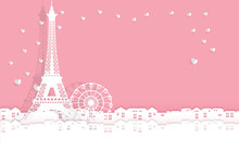 Valentine's Card With Eiffel Tower With Heart Paper Cut. All In Paper Cut Style Vector Illustration