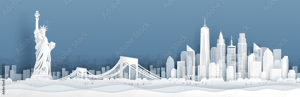 Panorama view of New York City, United States of Amerrica skyline with world famous landmarks in paper cut style vector illustration - obrazy, fototapety, plakaty 