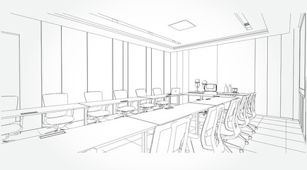 interior outline sketch drawing perspective of a space office.Workplaces . Tables, chairs and windows. Vector illustration in a sketch style.