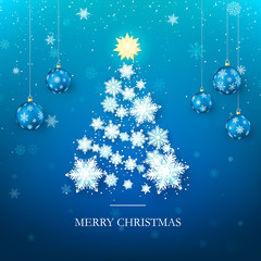 Poster - christmas tree greeting card. new year tree silhouette from paper snowflakes and .blue christmas bal