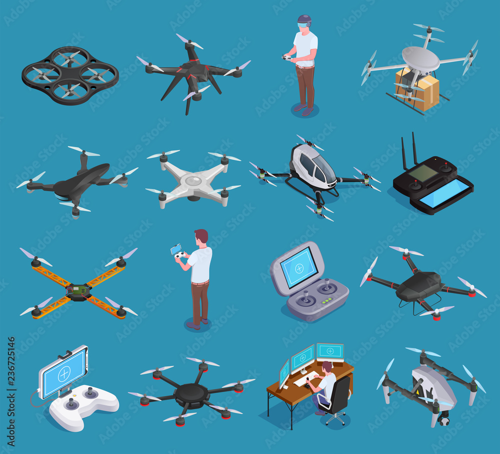 Drones Quadrocopters Isometric Set Stock Vector | Adobe Stock