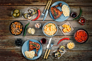 Wall Mural - Dinner table, Roasted chicken,  chicken legs, food, mashed potat