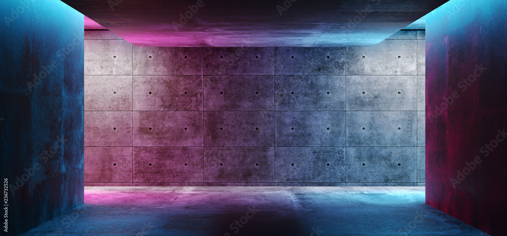 Modern Futuristic Sci Fi Concept Club Background Grunge Concrete Empty Dark Room With Neon Glowing Purple And Blue Pink Neon Lights 3D Rendering - obrazy, fototapety, plakaty 