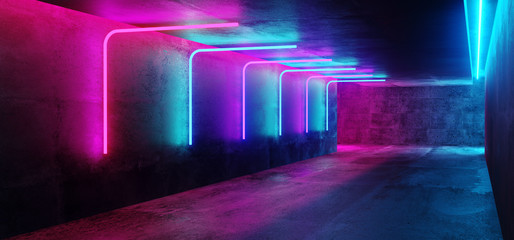 Modern Futuristic Sci Fi Concept Club Background Grunge Concrete Empty Dark Room With Neon Glowing Purple And Blue Pink Neon Lights 3D Rendering