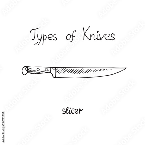 Fotografie, Obraz Knife types, slicer, vector outline illustration with inscription