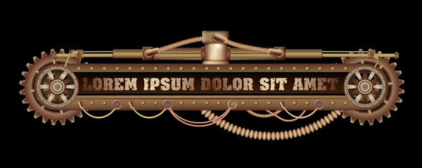 Wall Mural - Freely editable mechanical banner decorated with brass gears, nozzles and rivets on a black Steampunk background.