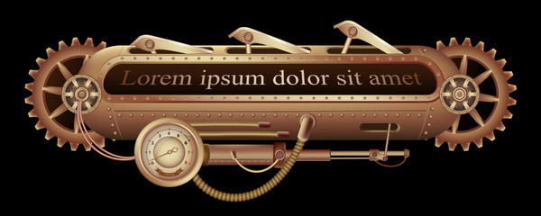 Wall Mural - Freely editable mechanical banner decorated with brass gears, nozzles and rivets on a black Steampunk background.