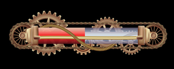 Wall Mural - Freely editable mechanical banner decorated with brass gears, nozzles and rivets on a black Steampunk background.