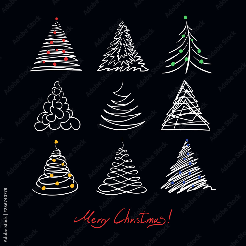 Сhristmas tree set. Cute doodle white color hand drawn fir tree holiday ...