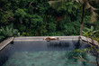 Slim sexy brunette woman in swimsuit relaxing on edge tropical infinity pool in jungle. Palms around and crystal clean water. Luxury resort on Bali island.
