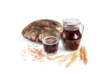 Wall Mural - Dark bread kvass and rye bread and ears with grain.