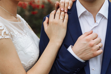 Wall Mural - newlyweds hold each other's hands with golden rings