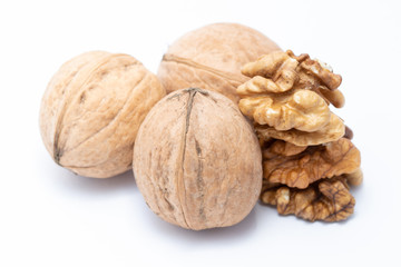 Walnuts on white background