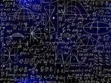 Math Vector Seamless Pattern With Formulas, Figures And Calculations Handwritten On Starry Background