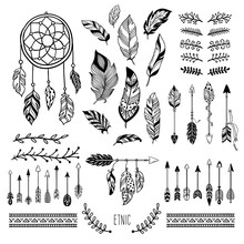 Boho Art. Tribal Arrow Feather, Bohemian Floral Border And Hippie Fashion Frame Vector Elements Set