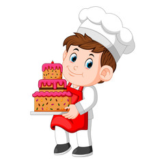 Canvas Print - Chef holding a plate with a delicious cake