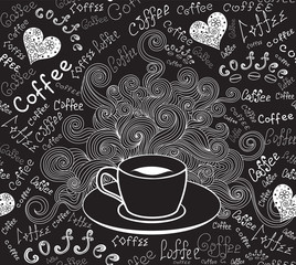 food and drink vector seamless pattern with coffee cup and words 
