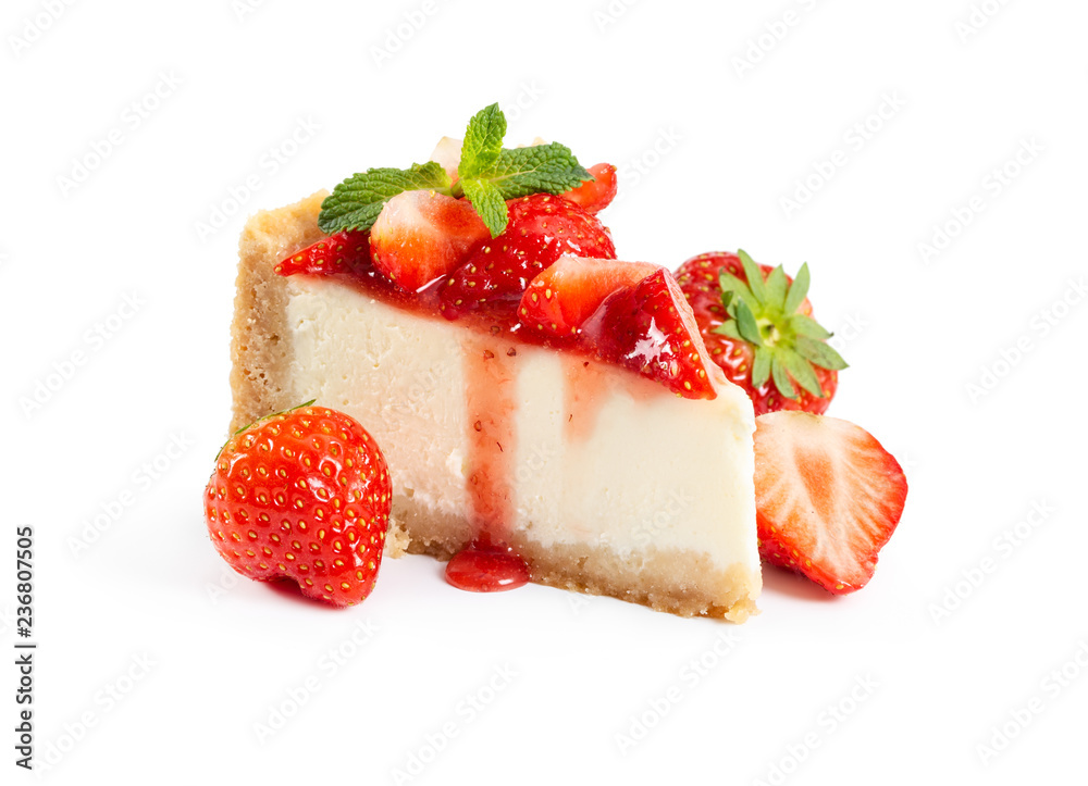 Piece of cheesecake with fresh strawberries and mint - obrazy, fototapety, plakaty 